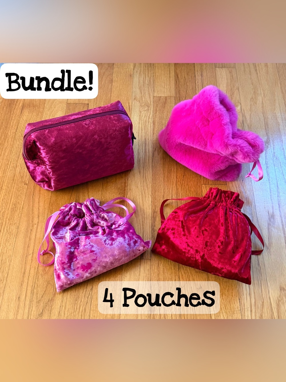 Assorted Pink and Red Velvet Drawstring Bags and Pouch Set